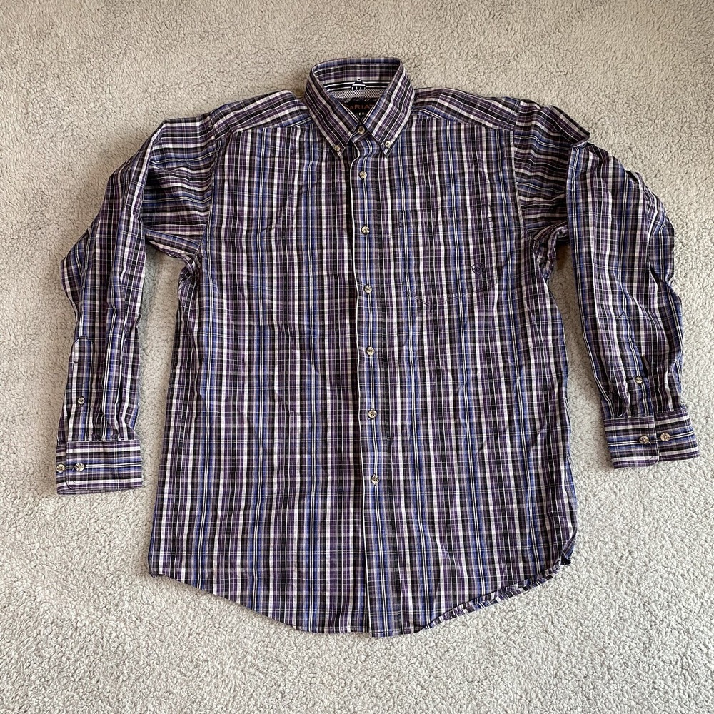 Ariat Pro Series Shirt Mens Medium Purple Plaid Western Button Up Cowboy Rodeo
